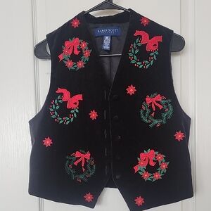 Karen Scott Black Christmas Vest with Red and Green Embroidery